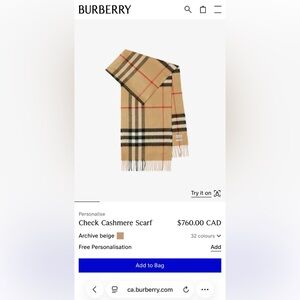 Burberry Beige Check Cashmere Scarf